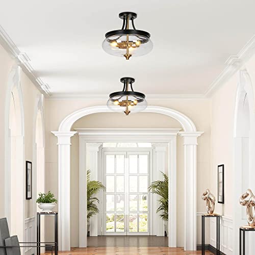 Uolfin Semi Flush Mount Ceiling Light, 3-Light Modern Black and Gold Close to Ceiling Light Fixtures Fishbowl-Shaped Seeded Glass Shade for Hallway Kitchen Bedroom Foyer, 14.2’’ W x 12.5’’ H