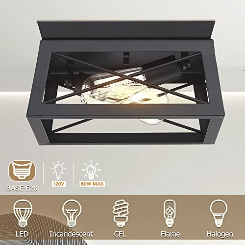 Pia Ricco Flush Mount Ceiling Light Fixture, Outdoor Ceiling Light for Porch, Black Farmhouse Ceiling Light, Modern Industrial Square Light for Entry, Hallway, Kitchen, Rustic Style,2-Light