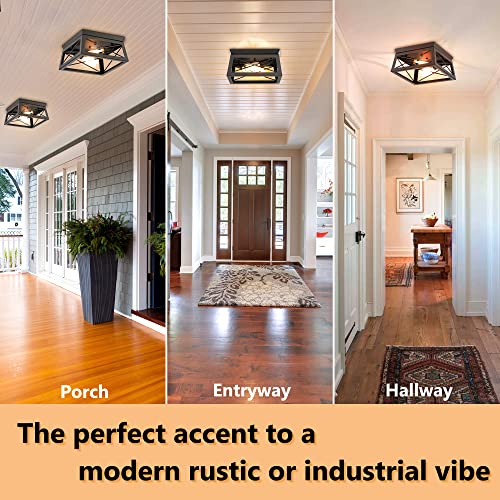 Pia Ricco Flush Mount Ceiling Light Fixture, Outdoor Ceiling Light for Porch, Black Farmhouse Ceiling Light, Modern Industrial Square Light for Entry, Hallway, Kitchen, Rustic Style,2-Light