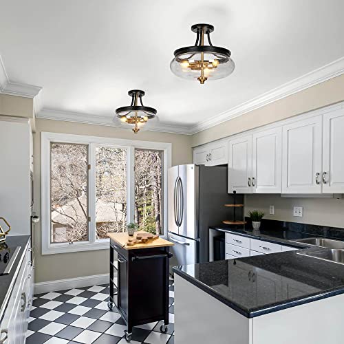 Uolfin Semi Flush Mount Ceiling Light, 3-Light Modern Black and Gold Close to Ceiling Light Fixtures Fishbowl-Shaped Seeded Glass Shade for Hallway Kitchen Bedroom Foyer, 14.2’’ W x 12.5’’ H