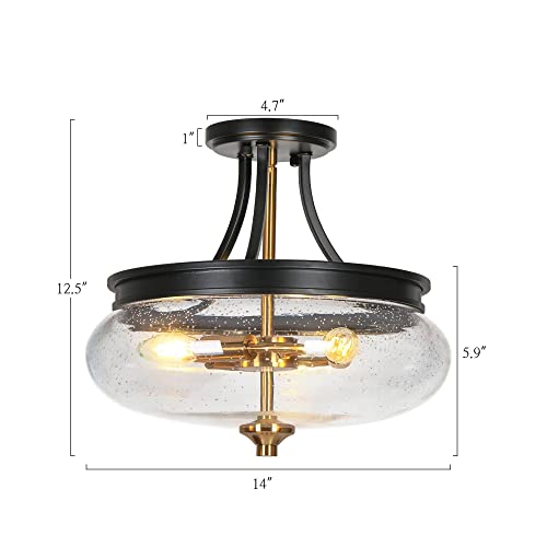 Uolfin Semi Flush Mount Ceiling Light, 3-Light Modern Black and Gold Close to Ceiling Light Fixtures Fishbowl-Shaped Seeded Glass Shade for Hallway Kitchen Bedroom Foyer, 14.2’’ W x 12.5’’ H