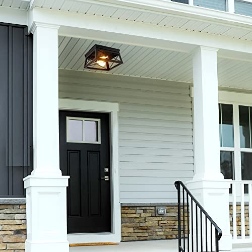 Pia Ricco Flush Mount Ceiling Light Fixture, Outdoor Ceiling Light for Porch, Black Farmhouse Ceiling Light, Modern Industrial Square Light for Entry, Hallway, Kitchen, Rustic Style,2-Light
