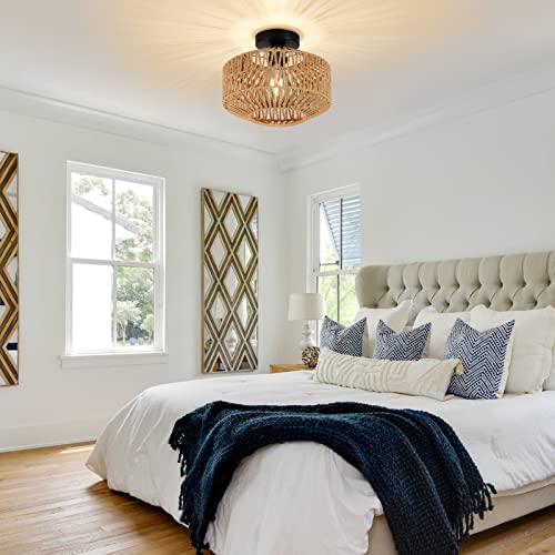 Jobtical Boho Light Fixtures Ceiling Mount,Mini Rattan Chandelier Light Fixture with Dimmable LED Bulb,Hand Woven Ceiling Light Fixtures Flush Mount for Hallway Bedroom Kitchen Entryway Living Room