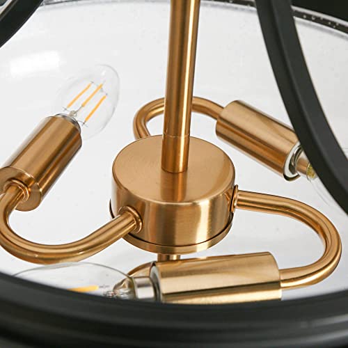 Uolfin Semi Flush Mount Ceiling Light, 3-Light Modern Black and Gold Close to Ceiling Light Fixtures Fishbowl-Shaped Seeded Glass Shade for Hallway Kitchen Bedroom Foyer, 14.2’’ W x 12.5’’ H