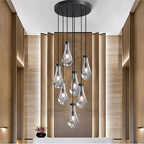 RINGRAIN 7-Lights Brass Raindrop Pendant Light, Black Modern Teardrop Crystal Chandelier for Living Room,Entryway, Staircase, Hallway, Foyer, Kitchen Island, Craft Room, Hotel Lobby