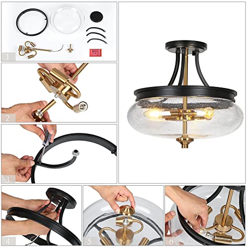 Uolfin Semi Flush Mount Ceiling Light, 3-Light Modern Black and Gold Close to Ceiling Light Fixtures Fishbowl-Shaped Seeded Glass Shade for Hallway Kitchen Bedroom Foyer, 14.2’’ W x 12.5’’ H