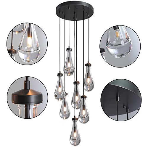 RINGRAIN 7-Lights Brass Raindrop Pendant Light, Black Modern Teardrop Crystal Chandelier for Living Room,Entryway, Staircase, Hallway, Foyer, Kitchen Island, Craft Room, Hotel Lobby