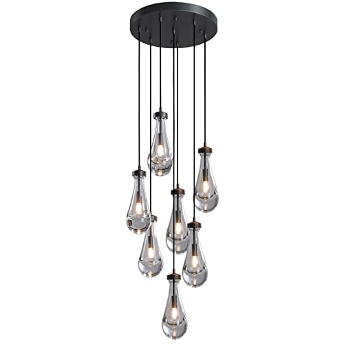 RINGRAIN 7-Lights Brass Raindrop Pendant Light, Black Modern Teardrop Crystal Chandelier for Living Room,Entryway, Staircase, Hallway, Foyer, Kitchen Island, Craft Room, Hotel Lobby