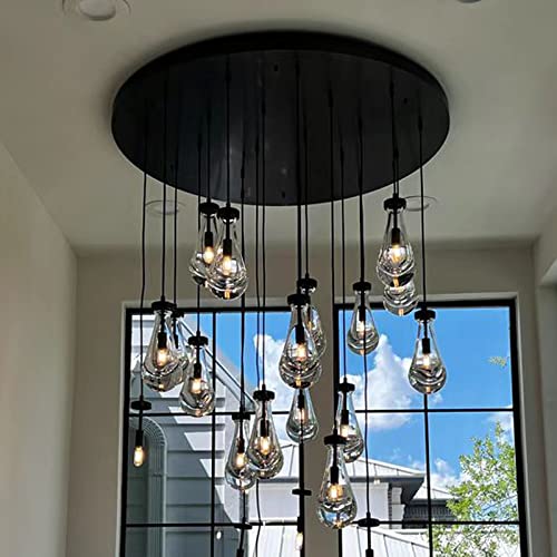 RINGRAIN 7-Lights Brass Raindrop Pendant Light, Black Modern Teardrop Crystal Chandelier for Living Room,Entryway, Staircase, Hallway, Foyer, Kitchen Island, Craft Room, Hotel Lobby