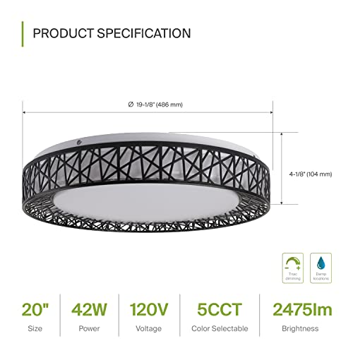 ASD 20 Inch LED Flush Mount Ceiling Light Fixture - Modern Black Close to Ceiling Light Fixtures 42W 2475LM, 2700-5000K Adjustable Dimmable Low Profile Lights for Kitchen, Bedroom, Hallway, ETL