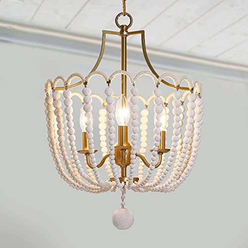 Boho Pendant Lighting,3-Light Wood Bead Chandelier Beach Light Fixture Ceiling Hanging for Cottage Dining Room Living Room Bedroom Hallway,Solid White Wood Beads,Electroplated Brass Gold Metal