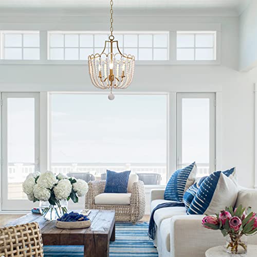 Boho Pendant Lighting,3-Light Wood Bead Chandelier Beach Light Fixture Ceiling Hanging for Cottage Dining Room Living Room Bedroom Hallway,Solid White Wood Beads,Electroplated Brass Gold Metal