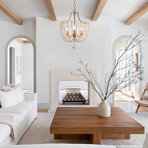 Boho Pendant Lighting,3-Light Wood Bead Chandelier Beach Light Fixture Ceiling Hanging for Cottage Dining Room Living Room Bedroom Hallway,Solid White Wood Beads,Electroplated Brass Gold Metal