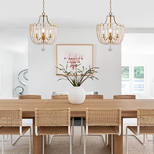 Boho Pendant Lighting,3-Light Wood Bead Chandelier Beach Light Fixture Ceiling Hanging for Cottage Dining Room Living Room Bedroom Hallway,Solid White Wood Beads,Electroplated Brass Gold Metal