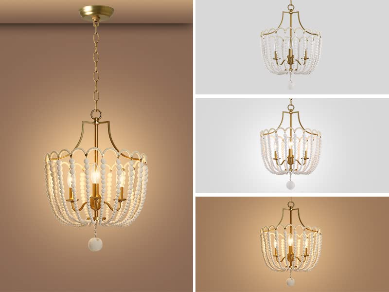 Boho Pendant Lighting,3-Light Wood Bead Chandelier Beach Light Fixture Ceiling Hanging for Cottage Dining Room Living Room Bedroom Hallway,Solid White Wood Beads,Electroplated Brass Gold Metal