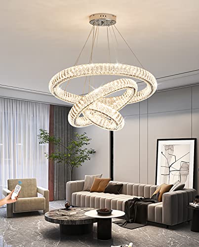 IDEQUY 32"+24"+16" 3 Rings Big Crystal Chandeliers Dimmable Living Room Foyer Hallway LED High Ceiling 120'' Long Hanging Pendant Light Crystal Chandeliers Staircase 3000-6000K LED
