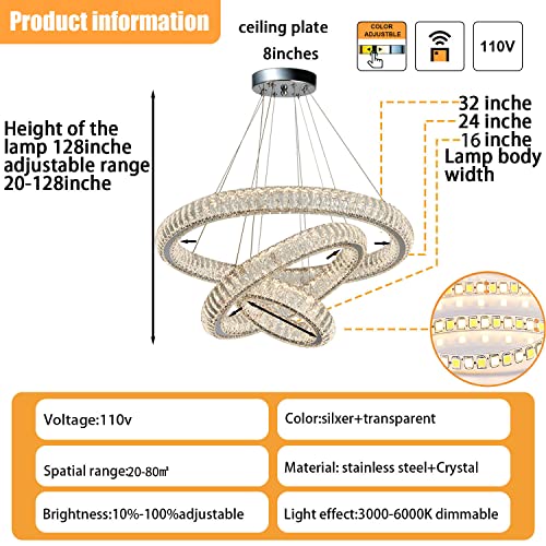 IDEQUY 32"+24"+16" 3 Rings Big Crystal Chandeliers Dimmable Living Room Foyer Hallway LED High Ceiling 120'' Long Hanging Pendant Light Crystal Chandeliers Staircase 3000-6000K LED