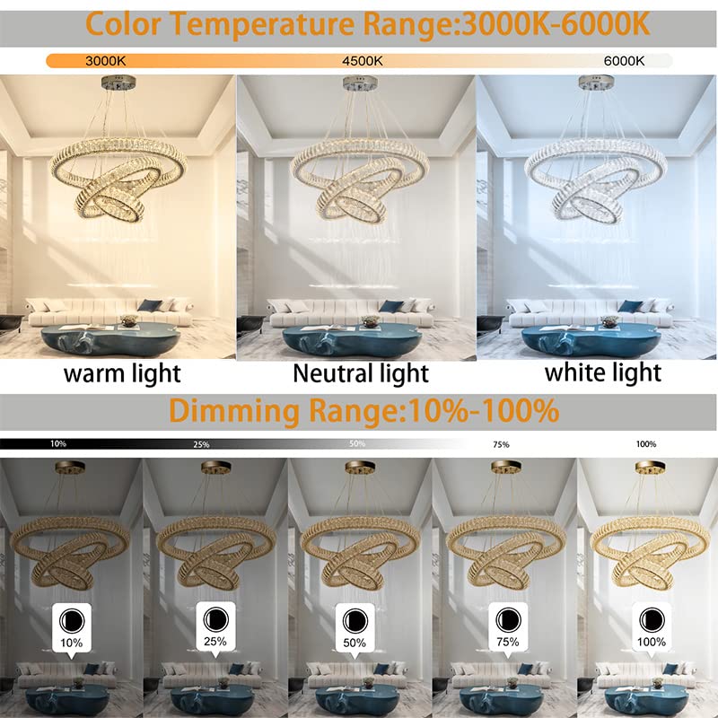 IDEQUY 32"+24"+16" 3 Rings Big Crystal Chandeliers Dimmable Living Room Foyer Hallway LED High Ceiling 120'' Long Hanging Pendant Light Crystal Chandeliers Staircase 3000-6000K LED