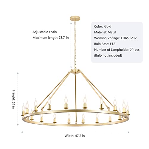 HermnJakk 20-Light Gold Wagon Wheel Chandelier Diam 47",Large Round Luxury Industrial Modern Farmhouse Chandeliers for Dining Room Light Fixture Living Room Hallway Foyer