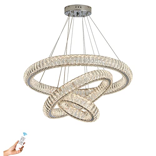 IDEQUY 32"+24"+16" 3 Rings Big Crystal Chandeliers Dimmable Living Room Foyer Hallway LED High Ceiling 120'' Long Hanging Pendant Light Crystal Chandeliers Staircase 3000-6000K LED
