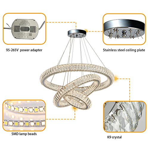 IDEQUY 32"+24"+16" 3 Rings Big Crystal Chandeliers Dimmable Living Room Foyer Hallway LED High Ceiling 120'' Long Hanging Pendant Light Crystal Chandeliers Staircase 3000-6000K LED