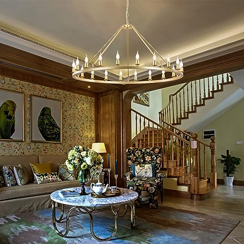 HermnJakk 20-Light Gold Wagon Wheel Chandelier Diam 47",Large Round Luxury Industrial Modern Farmhouse Chandeliers for Dining Room Light Fixture Living Room Hallway Foyer