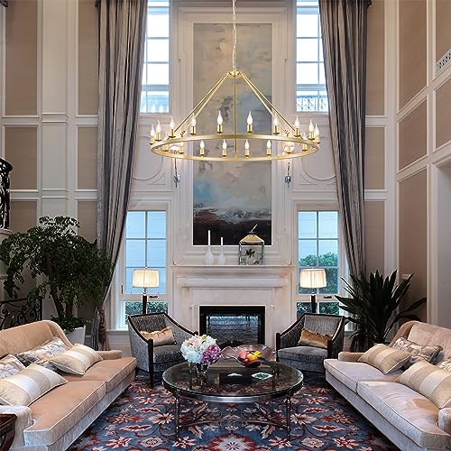 HermnJakk 20-Light Gold Wagon Wheel Chandelier Diam 47",Large Round Luxury Industrial Modern Farmhouse Chandeliers for Dining Room Light Fixture Living Room Hallway Foyer