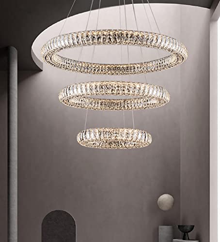 IDEQUY 32"+24"+16" 3 Rings Big Crystal Chandeliers Dimmable Living Room Foyer Hallway LED High Ceiling 120'' Long Hanging Pendant Light Crystal Chandeliers Staircase 3000-6000K LED