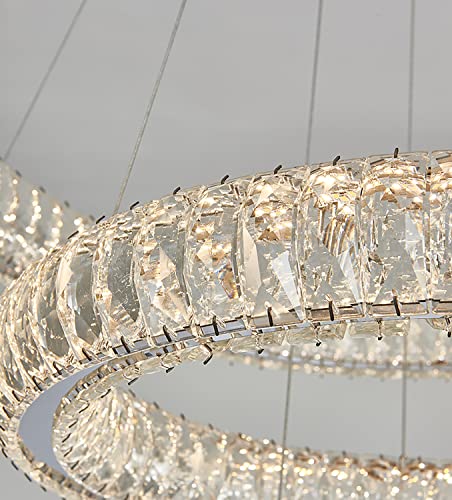 IDEQUY 32"+24"+16" 3 Rings Big Crystal Chandeliers Dimmable Living Room Foyer Hallway LED High Ceiling 120'' Long Hanging Pendant Light Crystal Chandeliers Staircase 3000-6000K LED