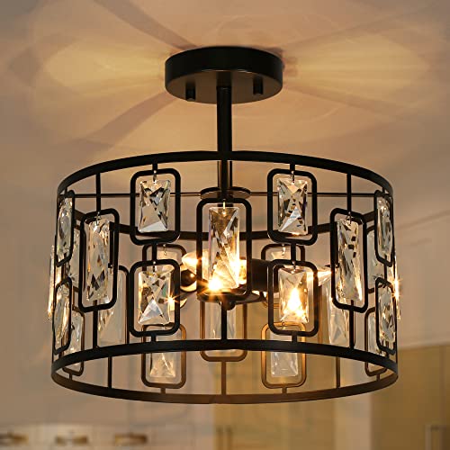LNC HOME Crystal Semi Flush Mount Ceiling Light Fixture, 3-Light Black Modern Contemporary Drum Pendant Chandeliers for Dining Room, Bedrooms, Kitchen, Hallway, Foyer, Entryway, 13'' Dia