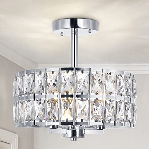 Cunfash 3-Light Round Crystal Ceiling Light Fixture Modern Semi Flush Mount Chandelier, 12.6" Chrome Kitchen Ceiling Light Fixtures with Cylinder Drum Shade for Hallway Closet Dining Room Bedroom