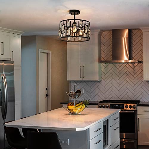 LNC HOME Crystal Semi Flush Mount Ceiling Light Fixture, 3-Light Black Modern Contemporary Drum Pendant Chandeliers for Dining Room, Bedrooms, Kitchen, Hallway, Foyer, Entryway, 13'' Dia