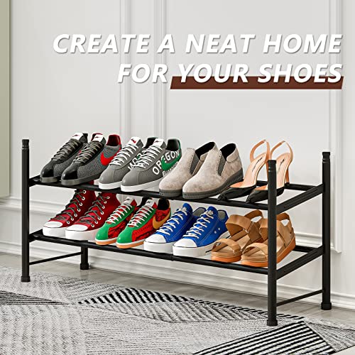 YIZAIJIA Shoe Rack Storage Organizer 2 Tier Expandable Metal Adjustable Shoe Shelf Free Standing Shoe Rack for Entryway Closet Doorway,Black