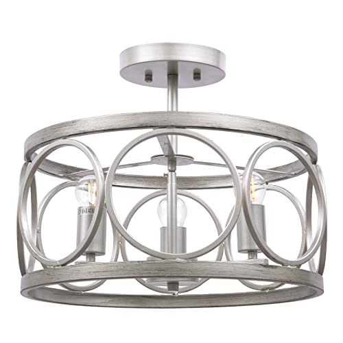 YM sky Flush Mount Ceiling Light Fixture: Farmhouse Drum Chandelier Lighting - Antique Silver Finish Metal Lamp - for Dining Room Entryway Kitchen Hallway Laundry Room Living Room - 16 Inch