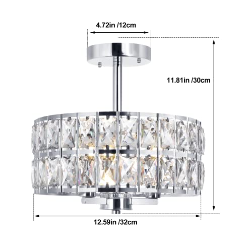 Cunfash 3-Light Round Crystal Ceiling Light Fixture Modern Semi Flush Mount Chandelier, 12.6" Chrome Kitchen Ceiling Light Fixtures with Cylinder Drum Shade for Hallway Closet Dining Room Bedroom