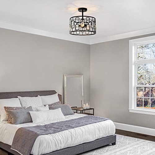 LNC HOME Crystal Semi Flush Mount Ceiling Light Fixture, 3-Light Black Modern Contemporary Drum Pendant Chandeliers for Dining Room, Bedrooms, Kitchen, Hallway, Foyer, Entryway, 13'' Dia