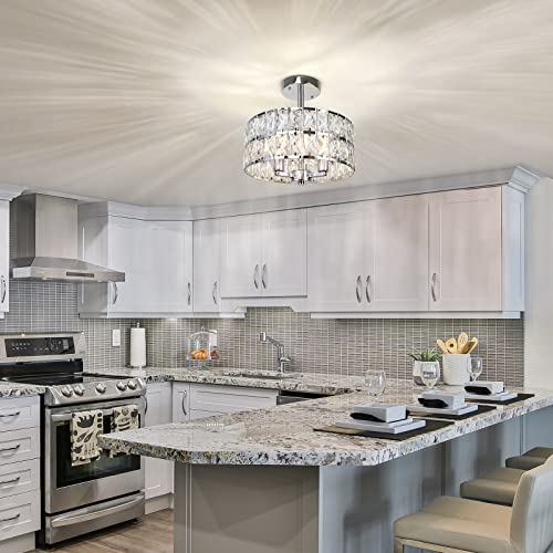 Cunfash 3-Light Round Crystal Ceiling Light Fixture Modern Semi Flush Mount Chandelier, 12.6" Chrome Kitchen Ceiling Light Fixtures with Cylinder Drum Shade for Hallway Closet Dining Room Bedroom
