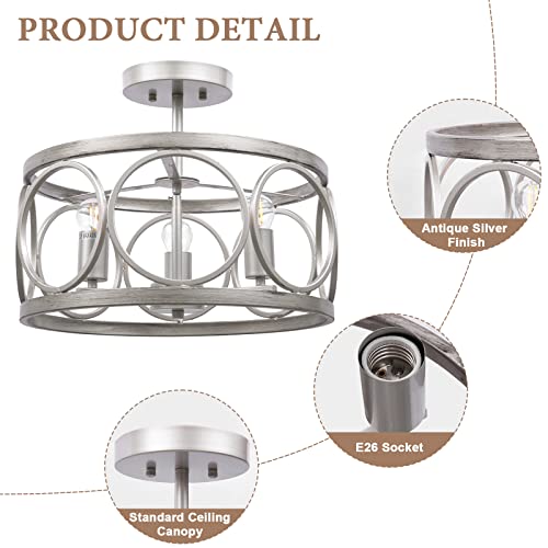 YM sky Flush Mount Ceiling Light Fixture: Farmhouse Drum Chandelier Lighting - Antique Silver Finish Metal Lamp - for Dining Room Entryway Kitchen Hallway Laundry Room Living Room - 16 Inch