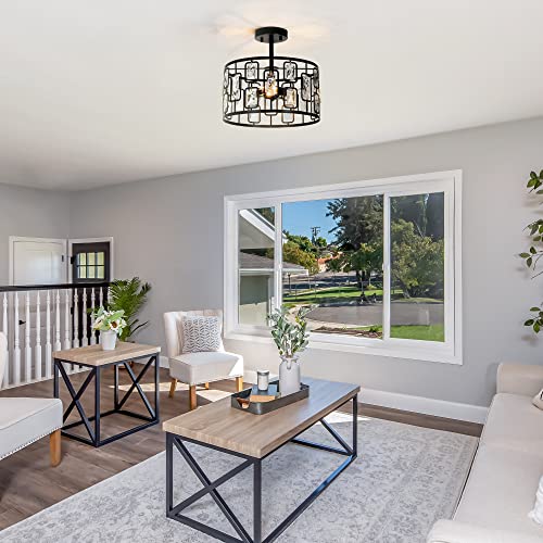 LNC HOME Crystal Semi Flush Mount Ceiling Light Fixture, 3-Light Black Modern Contemporary Drum Pendant Chandeliers for Dining Room, Bedrooms, Kitchen, Hallway, Foyer, Entryway, 13'' Dia