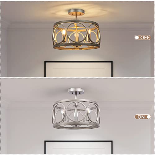 YM sky Flush Mount Ceiling Light Fixture: Farmhouse Drum Chandelier Lighting - Antique Silver Finish Metal Lamp - for Dining Room Entryway Kitchen Hallway Laundry Room Living Room - 16 Inch