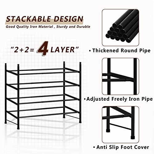 YIZAIJIA Shoe Rack Storage Organizer 2 Tier Expandable Metal Adjustable Shoe Shelf Free Standing Shoe Rack for Entryway Closet Doorway,Black