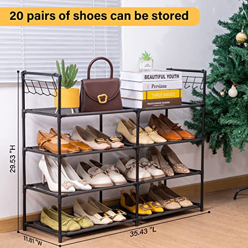Elechotfly Shoe Rack, 16-20 Pairs Shoe Storage Organizer, 4 Tiers Shoe Stand, Easy Assembly Stackable Sturdy Shoe Tower with 2 Hooks, Metal Shoe Shelf for Entryway, Closet, Garage, Bedroom, Cloakroom