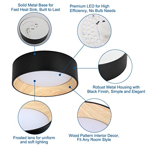 DAKASON LED Flush Mount Ceiling Light Fixture 13'' 25W 1500LM, 3000/4000/5000K CCT Selectable, Painted Woodgrain and Black Frame, Dimmable Modern LED Ceiling Light for Kitchen, Hallway, Living Room