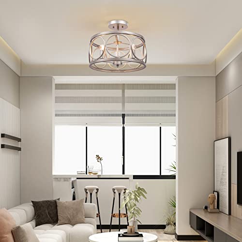 YM sky Flush Mount Ceiling Light Fixture: Farmhouse Drum Chandelier Lighting - Antique Silver Finish Metal Lamp - for Dining Room Entryway Kitchen Hallway Laundry Room Living Room - 16 Inch