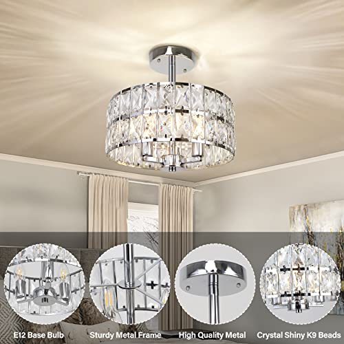 Cunfash 3-Light Round Crystal Ceiling Light Fixture Modern Semi Flush Mount Chandelier, 12.6" Chrome Kitchen Ceiling Light Fixtures with Cylinder Drum Shade for Hallway Closet Dining Room Bedroom