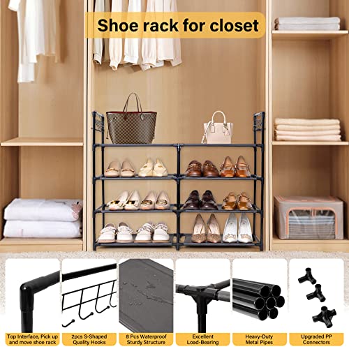 Elechotfly Shoe Rack, 16-20 Pairs Shoe Storage Organizer, 4 Tiers Shoe Stand, Easy Assembly Stackable Sturdy Shoe Tower with 2 Hooks, Metal Shoe Shelf for Entryway, Closet, Garage, Bedroom, Cloakroom