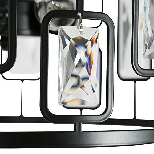 LNC HOME Crystal Semi Flush Mount Ceiling Light Fixture, 3-Light Black Modern Contemporary Drum Pendant Chandeliers for Dining Room, Bedrooms, Kitchen, Hallway, Foyer, Entryway, 13'' Dia