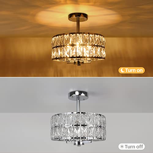 Cunfash 3-Light Round Crystal Ceiling Light Fixture Modern Semi Flush Mount Chandelier, 12.6" Chrome Kitchen Ceiling Light Fixtures with Cylinder Drum Shade for Hallway Closet Dining Room Bedroom