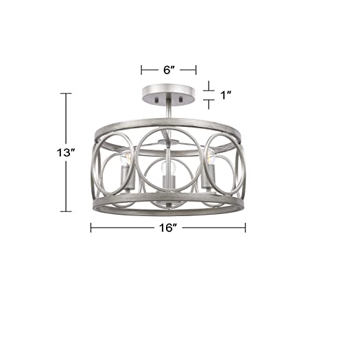 YM sky Flush Mount Ceiling Light Fixture: Farmhouse Drum Chandelier Lighting - Antique Silver Finish Metal Lamp - for Dining Room Entryway Kitchen Hallway Laundry Room Living Room - 16 Inch