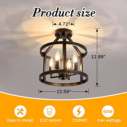 UOFUS 2-Pack Semi Flush Mount Ceiling Light Fixture Farmhouse Matte Chandelier Ceiling Lamp for Entryway Foyer Dining Room Bedroom Kitchen Hallway （Black Metal ）
